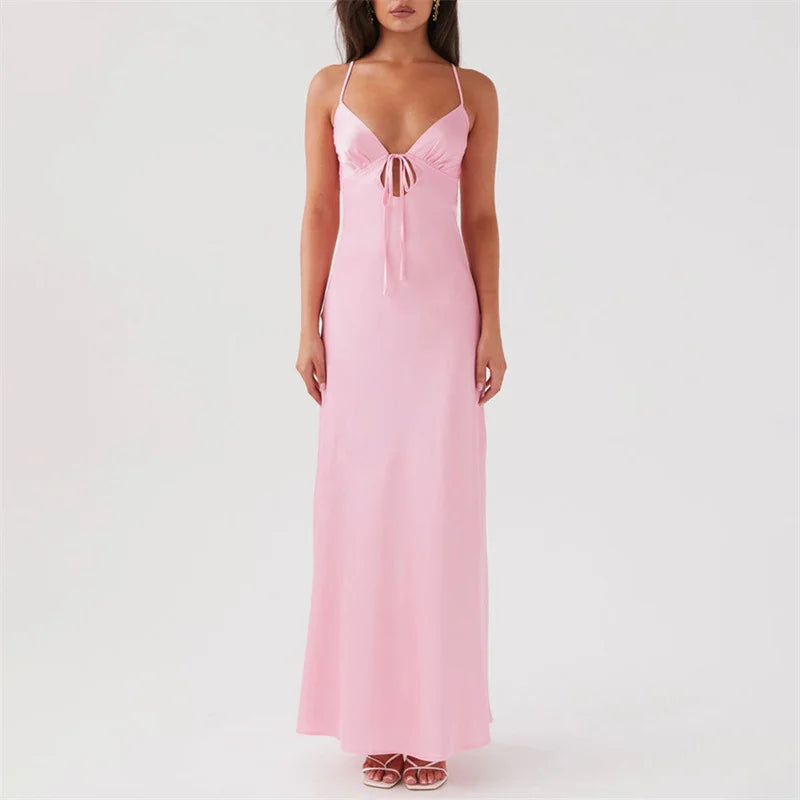 Sexy Long Dresses Women Solid Color V Neck Tie Up Spaghetti Strap Sleeveless Backless Dress Evening Party Dresses voguable