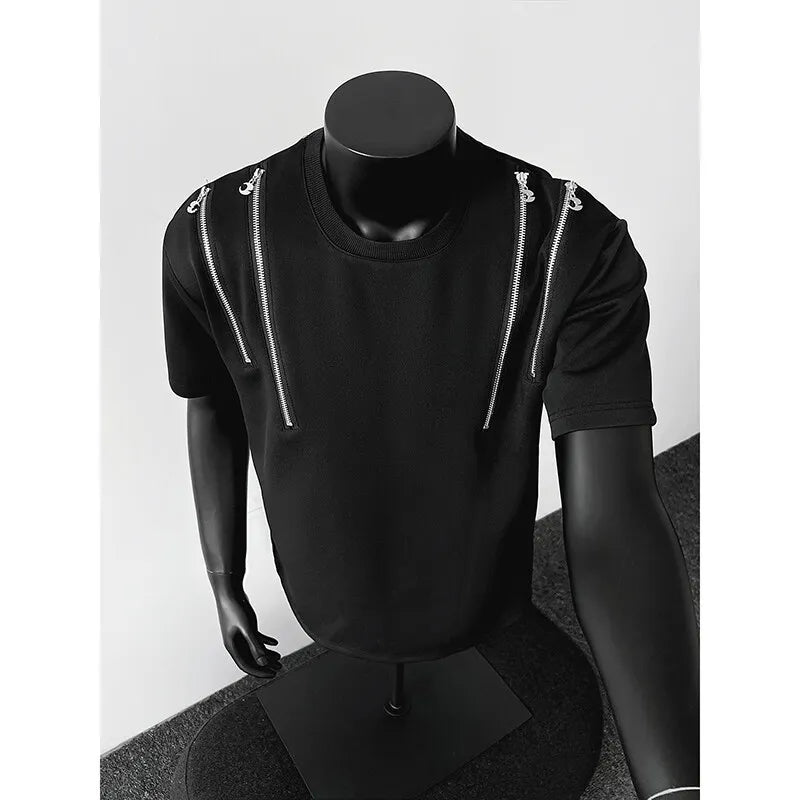 Tshirt men O Neck Zip Detail StreetweaR T-Shirt Trendy Urban Hip Hop Style Casual Tee Top Fashion Graphic Crewneck Slim Fit voguable