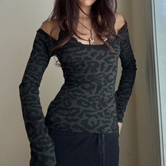 Leopard Print Black T Shirt Women Lace Patchwork Full Sleeve Tee y2k Chic Off-shoulder Cropped Top Vintage 2000s Clothing voguable
