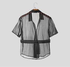 Men Striped Shirt Mesh Lapel Short Sleeve Men Clothing Sexy Lace Up Transparent Streetwear Summer Fashion Male Shirts voguable