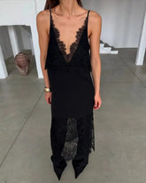 Voguable Women Solid Lace Patchwork Sling Dress Chic V-neck Sleeveless Off-shoulder Backless Loose Dresses Lady Club Party Gowns voguable