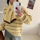 Women's Striped Sweater with Scarf Chunky Knit Loose-fit V-Neck Pullover Striped Jumper Ladies Autumn Winter Classic Chic Outfit voguable
