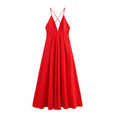 Red Backless Vacation Long Dress 2025 New Solid Color Sleeveless Beach Slip Dress Vestidos Fashion Chic Simple Woman Clothing voguable