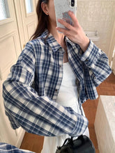 Blue Plaid Shirt for Women Autumn Korean Loose Drawstring Long Sleeve Female Tops Y2K Retro Preppy Single Breasted Blouse Ladies voguable