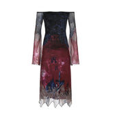 Grunge Fairycore Gothic Floral Mesh Dress Dark Slash Neck Long Flare Sleeve Maxi Dresses For Women Autumn Spring voguable