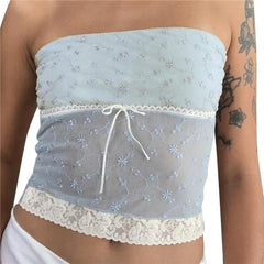 y2k Tube Top Women Aesthetic Clothes Floral Lace Patchwork Off Shoulder Strapless Sleeveless Tanks 2000s Streetwear voguable