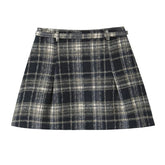French Style Retro Plaid Mini Skirt Women Vintage High Waist With Belt A-line Spring Skirts