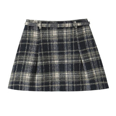 French Style Retro Plaid Mini Skirt Women Vintage High Waist With Belt A-line Spring Skirts