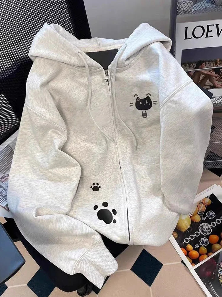 Cartoon Print Cute Hoodies Women Vintage Long Sleeve Loose Kawaii Sweatshirt Japan Retro Casual Pockets Female Gray Y2K Tops New voguable