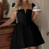 Sexy Women Front Slit Button Chic Fit Slim Black Mini Dresses Cape Short Sleeve Low Waist Elegant Evening Party Dresses