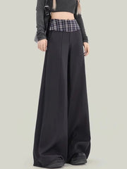 Plaid Patchwork Suit Pant Women Vintage Casual Korean High Waist Trouser Autumn Retro Loose Elegant Black Wide Leg Pant New voguable