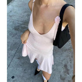 Sexy Elegant Women Floral Appliques Slim Knit Sling Dress V Neck A-line Mini Lady Dresses Summer Robe voguable