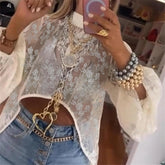Voguable Women Lace Blouse y2k Coquette Clothes Sheer White Floral Pattern Long Sleeve Loose Fit Lightweight Cover Up Streetwear voguable