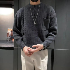 Autumn Winter New Fashion Round Neck Long Sleeve Solid Pullovers Men's Clothing All-match Button Knitting Korean Simplicity Tops voguable