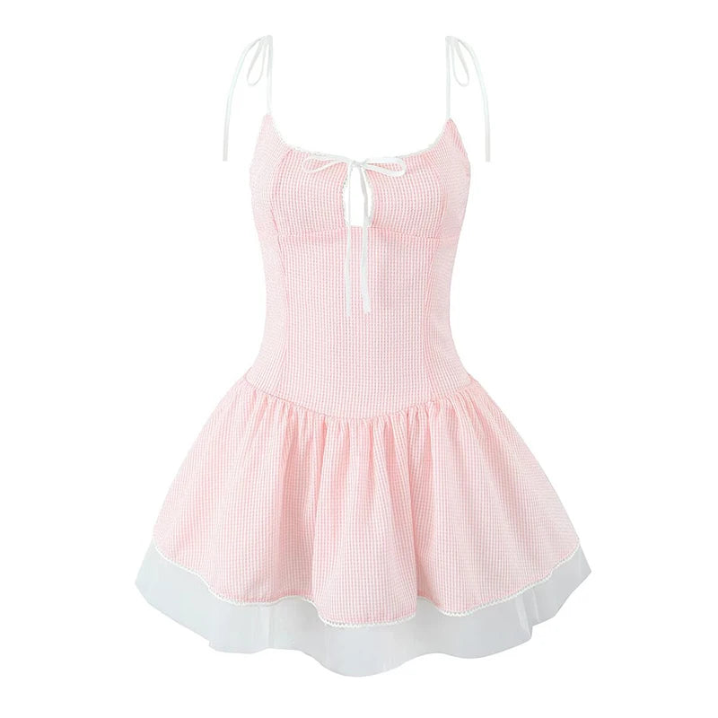 Summer Women White Mesh Patchwork Pink Striped Sling Dresses Sexy Thin Straps O Neck A-line Mini Dress Holiday Robe voguable