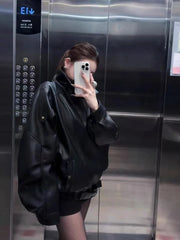 Black Pu Leather Coats Women Y2K Fashion Streetwear Loose Motorcycle Jacket Autumn American Female Lapel All Match Outwear voguable