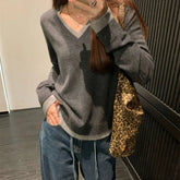 Voguable Contrast Color V-neck Slimming Fake Two-piece Knitted Sweater Autumn Winter New Long-sleeved Bottoming Top Women voguable