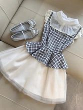 Voguable Women Summer Casual, Versatile and Elegant Lace Plaid Dress Cute Round Neck Fashionable Tutu Skirt Women's Slim Waist Skirt voguable