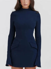Elegant Dark Blue Solid High Waist Mini Dress Women Fashion Pocket decora Long Sleeve Bodycon Dresses Chic Party Club Robes voguable