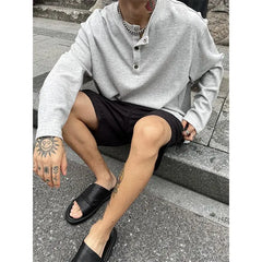 Large Size Men Clothing Textured Pleated Oversized T Shirt Men Button Placket Pullover Henley Collar Loose Long Sleeve T Shirts voguable