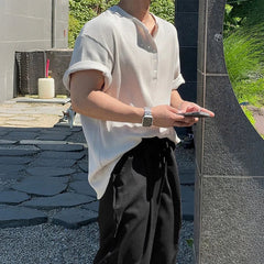 New Fashion American Style Men T-shirt Luxury Striped Knitted Henry Collar Tees Casual Solid Color Short Sleeve Breathable Tops voguable