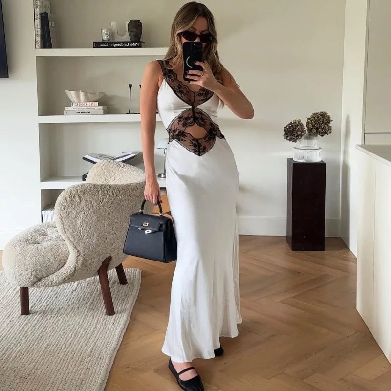 TARUXY Elegant Lace Backless Hollow Maxi Dress For Women V Neck Patchwork Fashion Print High Waist Party Dress Female Long Dress voguable