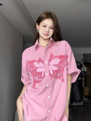 Unisex Hip Hop Shirt Large Size Three-dimensional Butterfly Design Half-sleeved Shirt Niche Casual Loose Versatile Shirt Jacket voguable