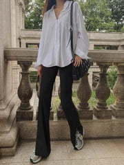 Voguable Spring High Waist Slim Side Cuff Slit Flare Pants Women Trousers Package Hips Stretch Pants Khaki Black voguable