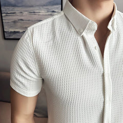 Men Waffle Shirt Short Sleeved 2024 Summer New Thin British Style Business Solid Casual Non Iron Slim Fit Shirt Men's Clothing voguable