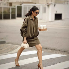 2025 New Fashion Women Green Suede Jacket Spring Lapel Long Sleeve Zipper Oversize Bomber Coat Chic Female High Street Outerwear voguable