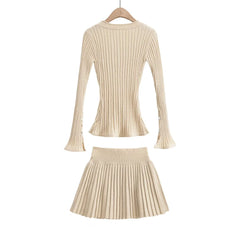 Voguable 4 colors Preppy Style 2 pieces 1 set V neck Twist Knit Cardigan Retro Women Elastic Waist Pleated Mini Skirt Matching Suits voguable