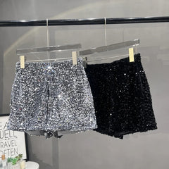 Voguable Europe and America Sequined Black Shorts Slim Suede Embroidered Beads Grey Casual Pants Women's Hot Pants voguable