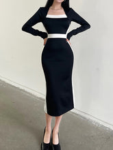 Black Stripe Patchwork Midi-Long-Sleeve Dress mysite