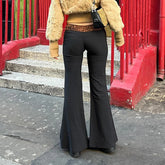 Voguable Vintage Leopard Print Low-waisted Patchwork Flared Pants Black Slim Stretchy Casual Basic Sweatpants Joggers Trousers voguable
