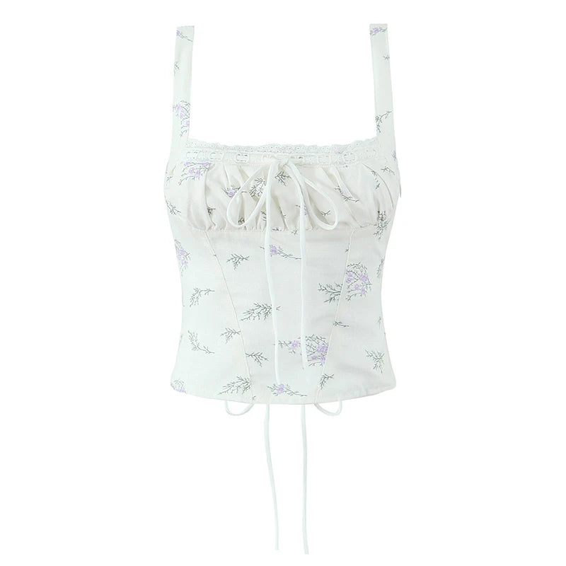 Lace Trim Floral Print Sweet Camis Women Lacing Up Bandage Back Summer Tops French Style Retro Holiday Tank Top voguable