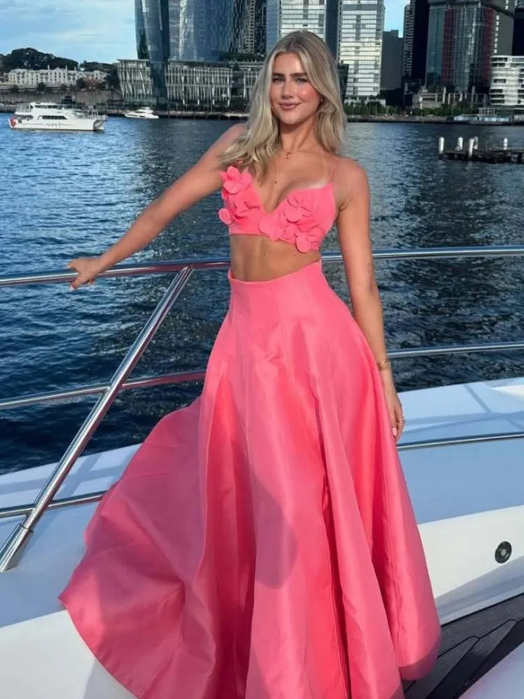 3D Flower Vest + A-line Long Skirt Women Suit New Vacation Beach Women's Two Pieces Set Tank High Waist Skirt Summer Outfits voguable