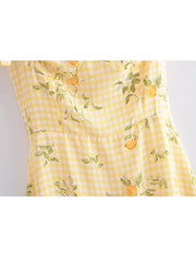 Voguable Women Plaid Lemon Print Yellow Sling Short Dress Vintage Ladies Summer A-line Chiffon Dress French Style voguable