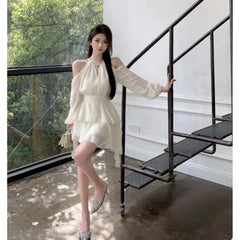 Voguable French Style White Dress Women's Summer Fitted Waist Sweet Short Skirt Cut-out Ruffled Design Cake A- line Skirt voguable