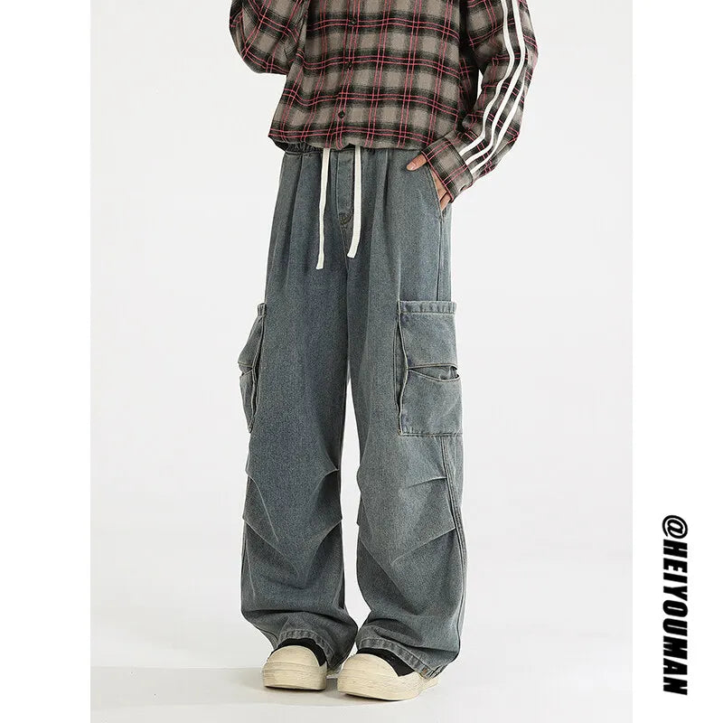 Loose straight Jeans Men Denim Cargo Pants Wash Solid Color Multi Pockets Casual Mid Waist Trousers Unisex Daily Wear Joggers