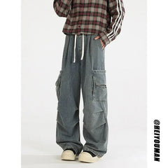 Loose straight Jeans Men Denim Cargo Pants Wash Solid Color Multi Pockets Casual Mid Waist Trousers Unisex Daily Wear Joggers voguable