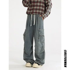 Loose straight Jeans Men Denim Cargo Pants Wash Solid Color Multi Pockets Casual Mid Waist Trousers Unisex Daily Wear Joggers