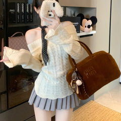 Slash Neck Pullovers Women Knitted Solid Jacquard Korean Fashion All-match Design Unique Sweet Spicy Girls Streetwear Temper voguable