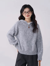 Korean Vintage Gray Sweaters Women Long Sleeve Casual Simple Knitted Hooded Jumper Retro Loose All Match Female Fall Winter Tops voguable