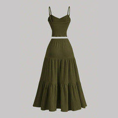 Sets Summer Simple Decent Solid Color Screw Thread Sleeveless Sweetheart Neck High Waist Pleated Skirt Sets For Women voguable