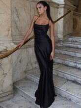 Spaghetti Strap Backless Sexy Maxi Dress Women Gown Black Satin Slipdress Sleeveless High Waist Club Party Long Dress voguable