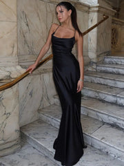 Spaghetti Strap Backless Sexy Maxi Dress Women Gown Black Satin Slipdress Sleeveless High Waist Club Party Long Dress voguable