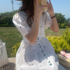 Women Dress Korean Fashion Elegant V-neck Button Embroidered Flowers Collect Waist Bubble Sleeves Long Vestidos voguable