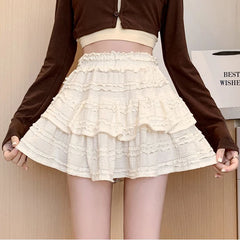 Gidyq Sweet Cute Lace Mini Skirt Women Kawaii White Ruffles Pleated Skirts Summer Korean High Waist Black Casual A Line Skirt voguable