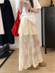 French Elegant Lace Midi Skirts Women Summer New Chic Patchwork Mesh Y2K Female High Waist Jacquard All Match A Line Skirts voguable