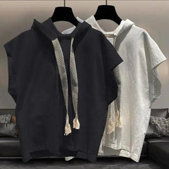 Voguable Hooded Sleeveless T-shirt Men's Summer New Plus Size Solid Color Loose All-match Vest Tops Street Casual Fashion Men Clothing voguable